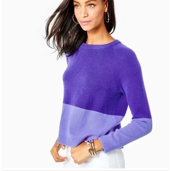 Lilly Pulitzer kinnik cashmere sweater purple colorblock Sz L - Picture 3 of 10